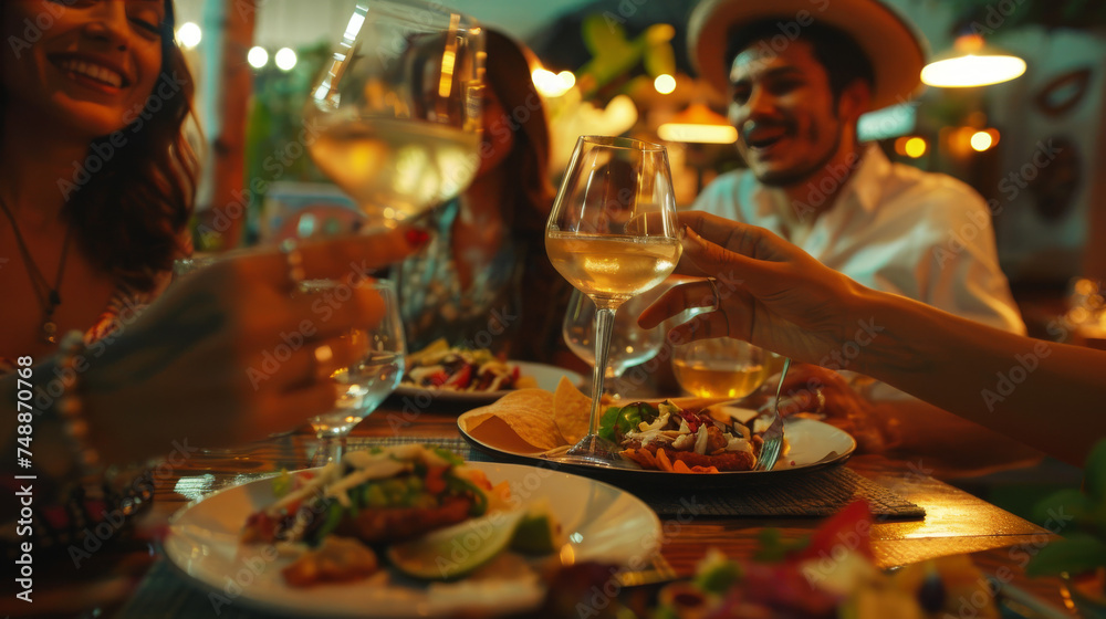 Group of joyful friends raising glasses in a toast over a table full of food in an evening setting