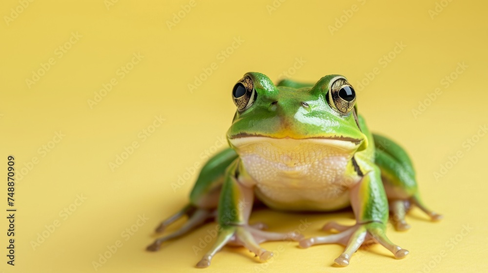 Green frog against yellow background. Green frog against yellow background.