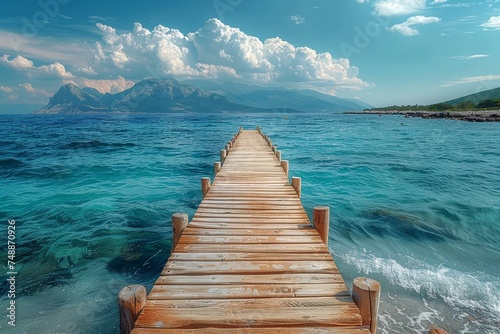 A serene seascape showcasing a wooden pier leading towards the horizon with mountains and clouds in the background © svastix