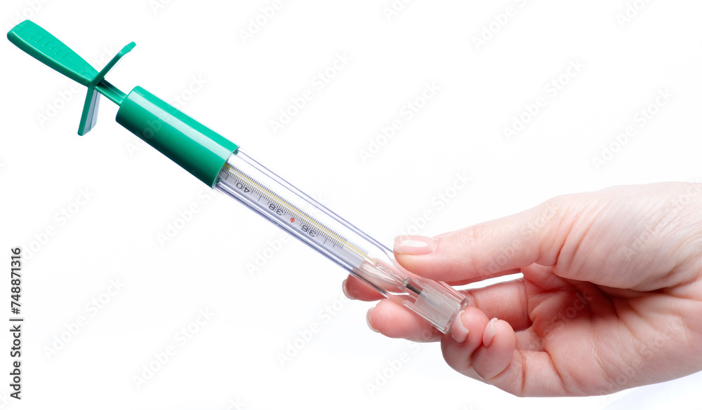 glass mercury thermometer in hand on white background isolation glass mercury thermometer in hand on white background isolation