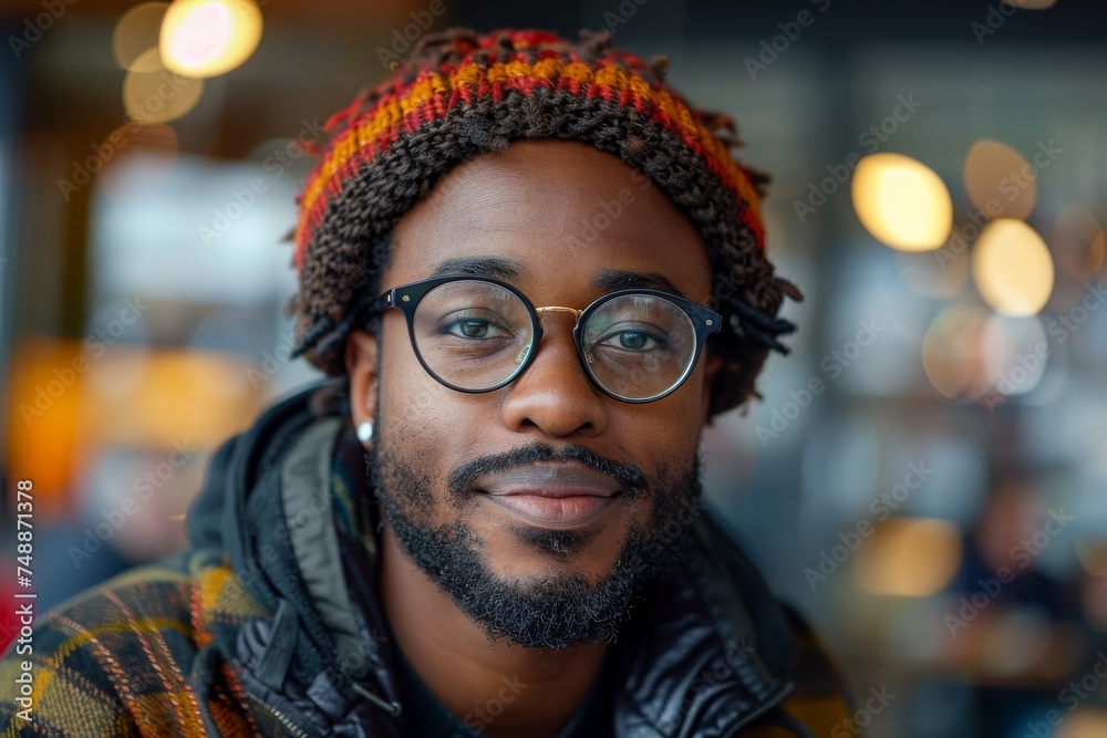 Fototapeta premium Confident smiling man wearing a beanie hat and glasses in an indoor setting