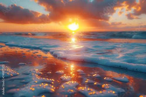 A breathtaking sunset over a sea with gentle foamy waves lapping the shore, creating a sense of peace and the infinite nature of time