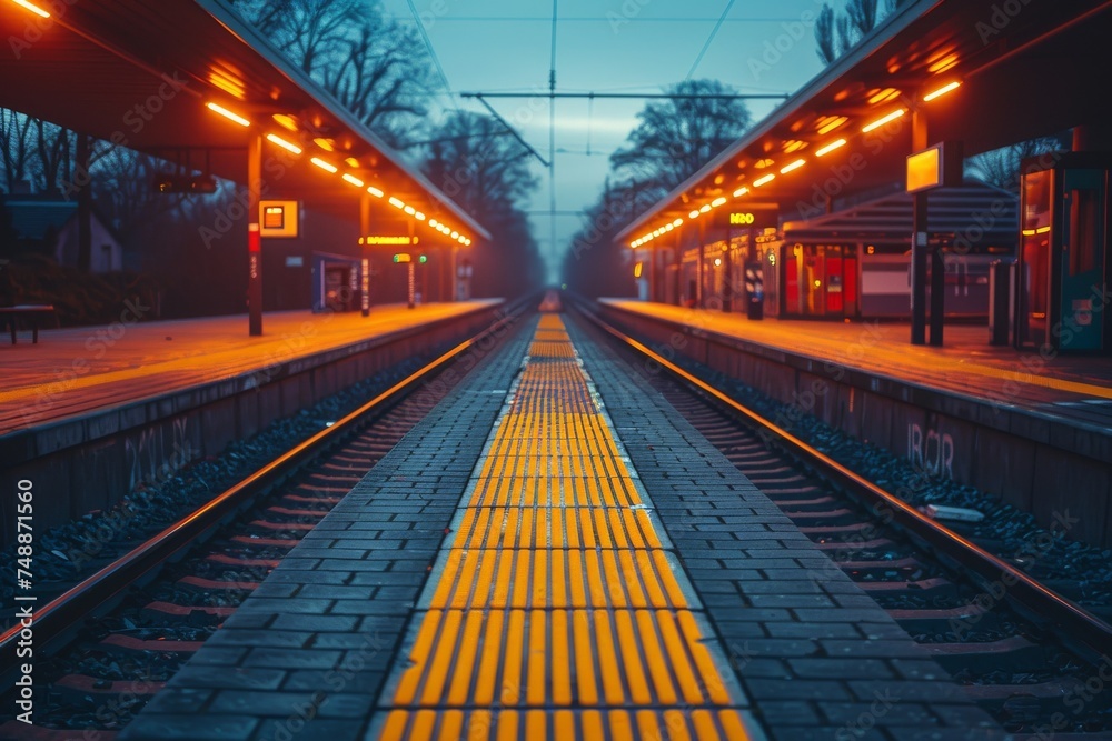 An empty train station is illuminated by warm artificial lights, casting a glow on the tracks during the blue hour