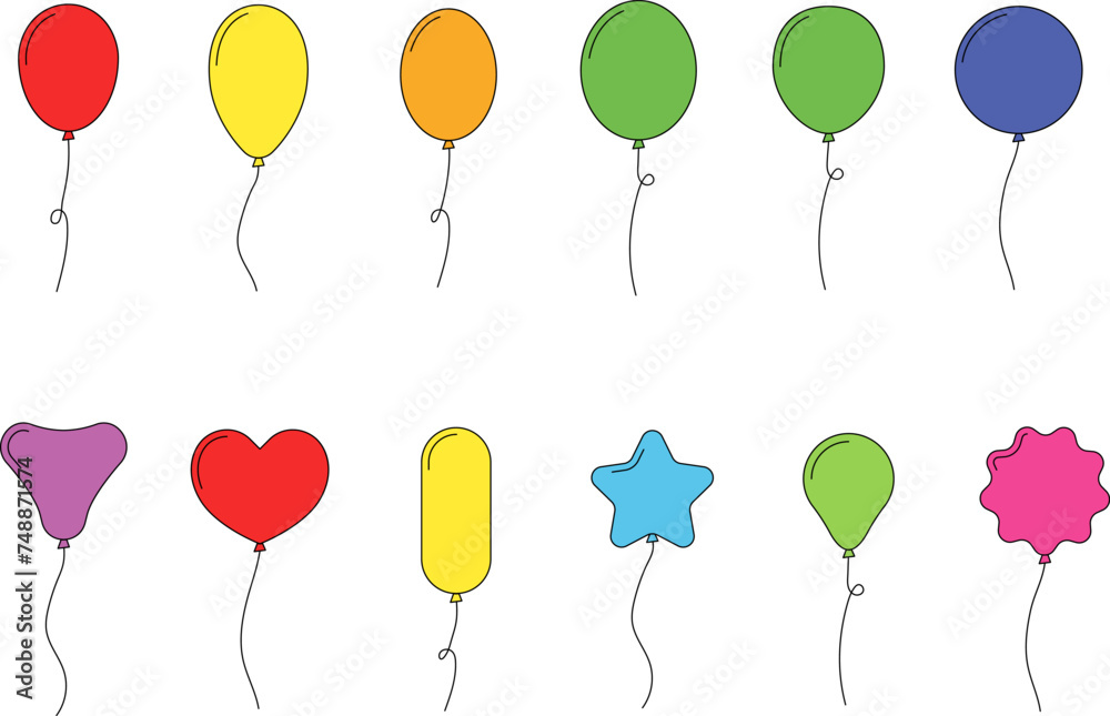 Balloon in Flat style. Bunch of balloons for birthday or party. Flying balloon with rope. Flat icon vector illustration isolated on white background.
