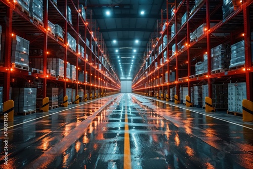Long exposure of a modern warehouse with red accent lighting reflecting on the glossy floor
