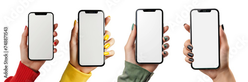 Diverse Hands Holding Smartphones Isolated on Transparent Background. PNG