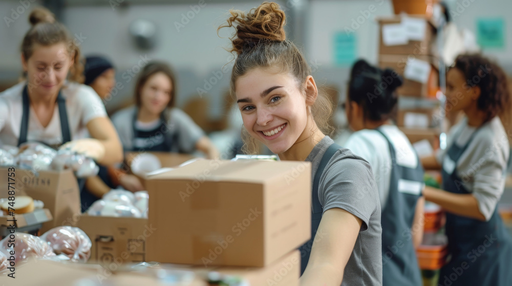 A joyful woman engaging in food sorting at a charity center, symbolizing community service and unity