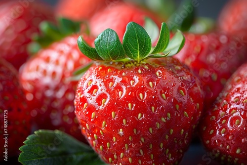 The detailed image captures the freshness and juiciness of ripe strawberries, highlighted by their natural sheen