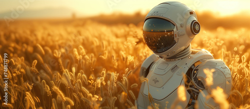 Banner with robot standing in the ripe wheat field on the blurred sunhine background photo