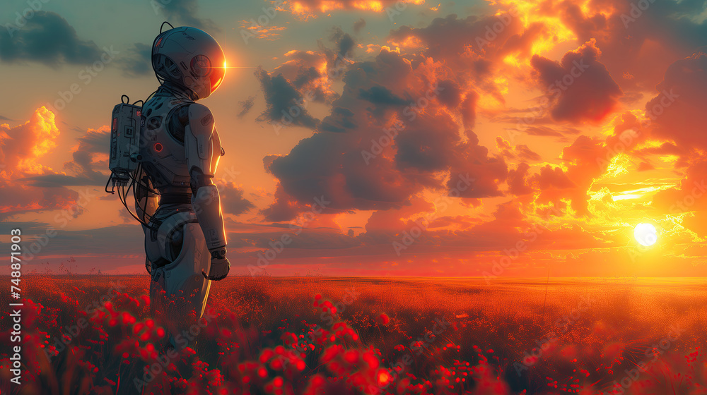 Android robot standing in the poppies field and looking on the sunset,concept  background with copy space - obrazy, fototapety, plakaty 
