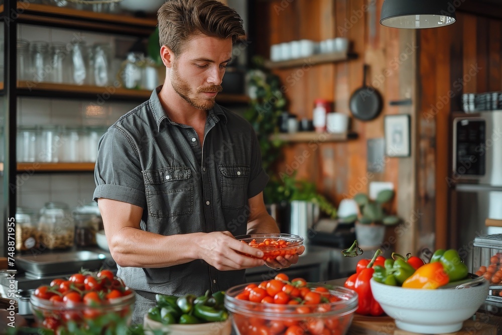 Man in a short-sleeved shirt choosing tomatoes among colorful vegetables in a well-appointed contemporary kitchen