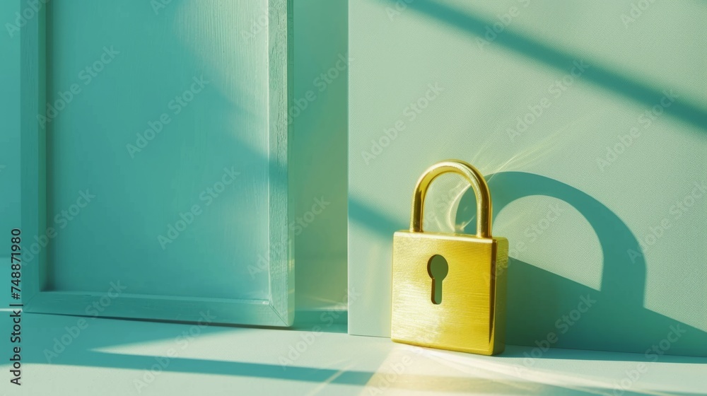Fototapeta premium Padlock symbol with keyhole by the slightly opened door, unlocking the door concept. Generative ai