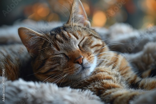 A cozy tabby cat with closed eyes sleeps soundly on a soft blanket, expressing peace and relaxation in a homely setting