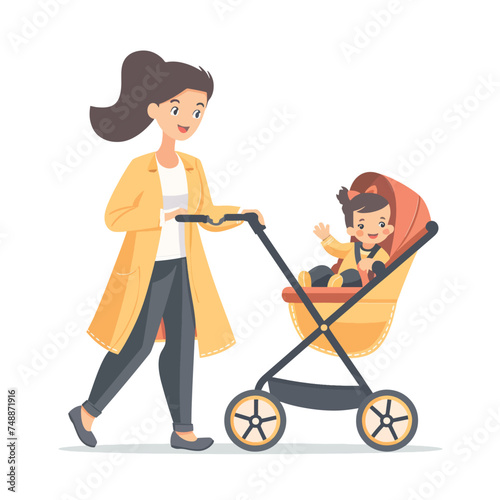 Young mother and baby stroller. Illustration of a flat