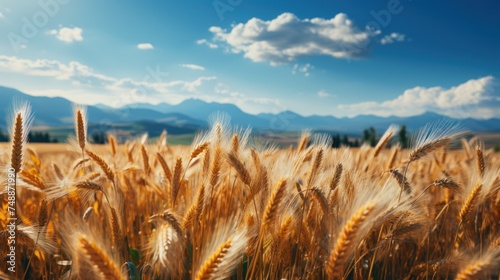 golden wheat field with blue sky and clouds, panoramic