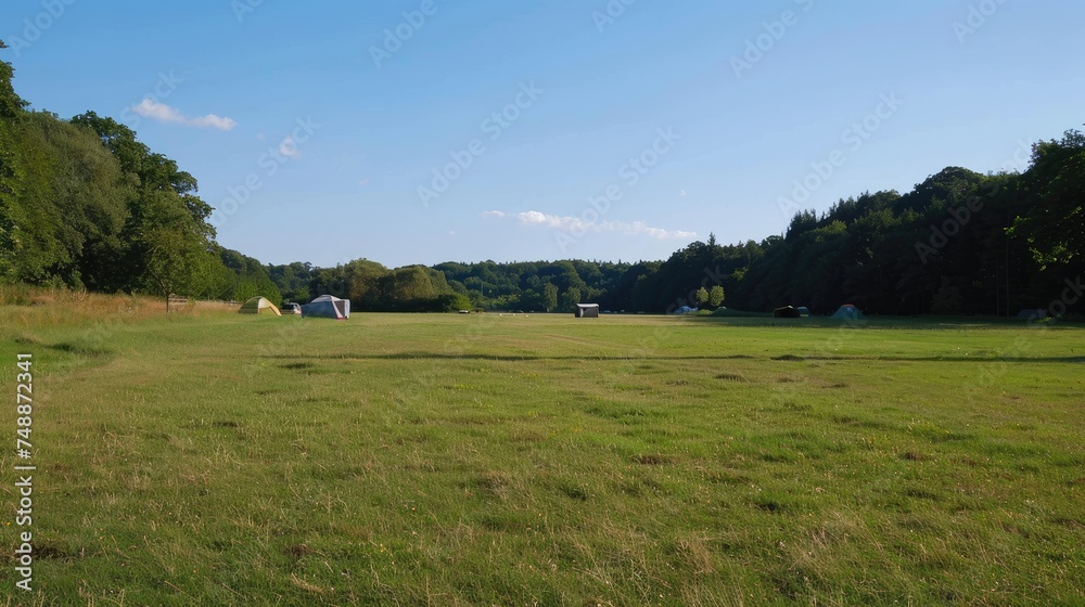 a large field at a campsite, an open space in the middle, camera eye level and looking straight ahead.  