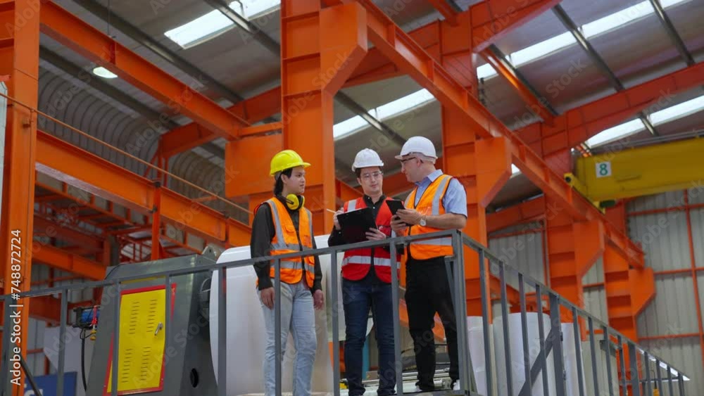 Team of engineer or worker man working in a factory with heavy machinery. Industrial elder specialist standing in a Metal Construction Manufacture. technicians and assistant workers in warehouse. Team of engineer or worker man working in a factory with heavy machinery. Industrial elder specialist standing in a Metal Construction Manufacture. technicians and assistant workers in warehouse.