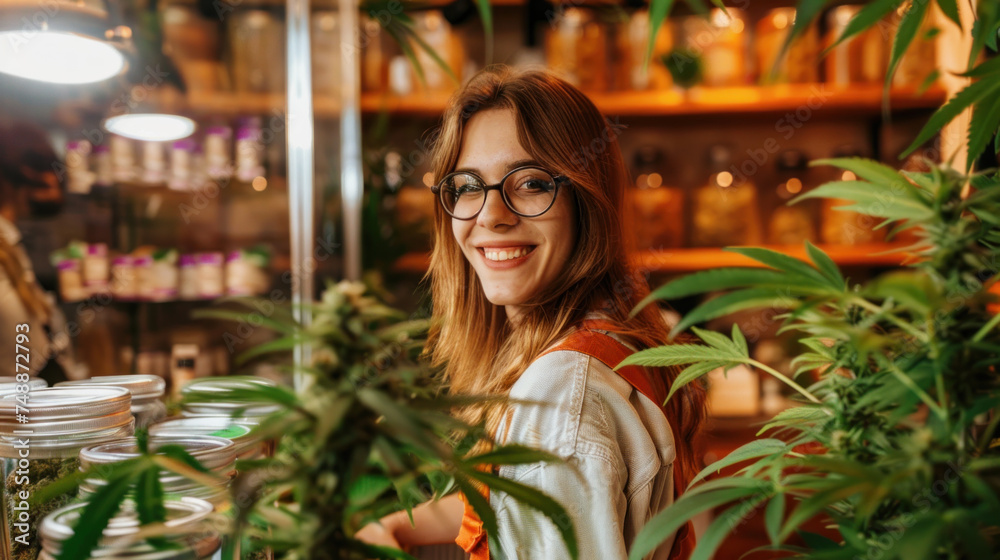 Fototapeta premium Confident young woman, budtender, worker of marijuana shop