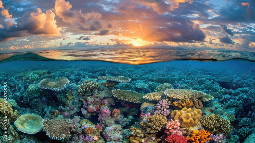 Beautiful reef and nice sunset, clear tropical sea