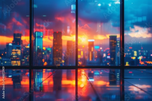 Vivid sunset over a bustling city obscured by raindrops on a clear window, reflecting on a shiny floor photo