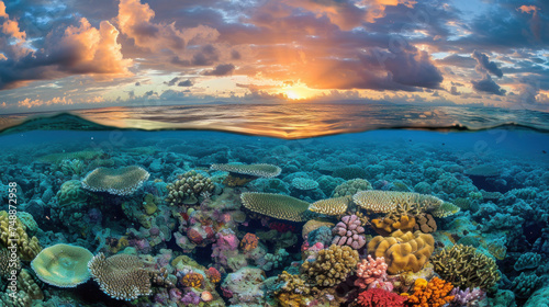 Beautiful reef and nice sunset  clear tropical sea