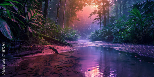 A captivating twilight jungle scene with lush foliage and a serene river reflecting the pink sky, creating a mystic and otherworldly atmosphere
