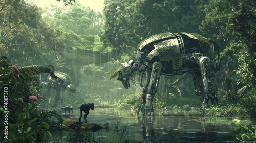 A digital artwork depicting a large, futuristic robot interacting with wildlife in a lush, misty forest. © doraclub