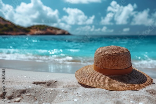 A lone straw hat lies on the sand of an idyllic beach with clear turquoise waters under a blue sky