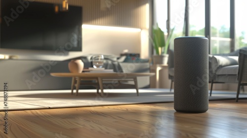 A sleek, tall smart speaker stands on a wooden floor, bathed in sunlight filtering into a stylish, modern living space.