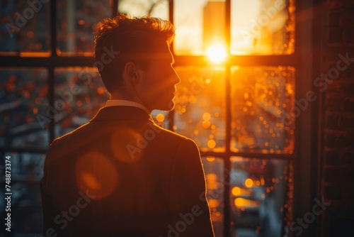 A contemplative man silhouetted against a dazzling urban sunset, evoking reflection
