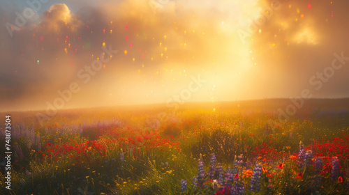 Foggy sunny morning over blossoming field