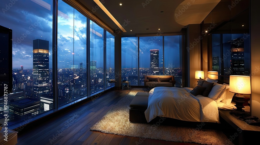luxury hotel room, the design is modern,at the night 