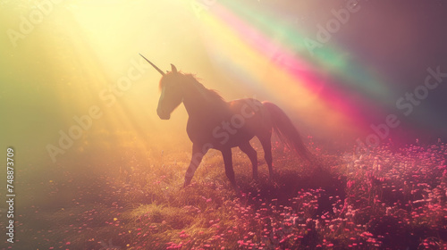 Magic unicorn in blossoming meadow, fairytale atmosphere © Kondor83