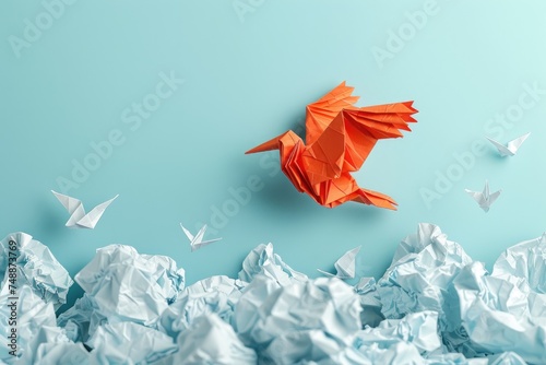 group of crumpled papers with one different paper transforming into an origami bird in flight. ai generated