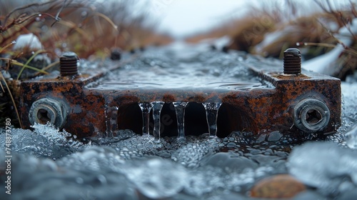 Several small icicles with water droplets on the end  hanging from the storm drain