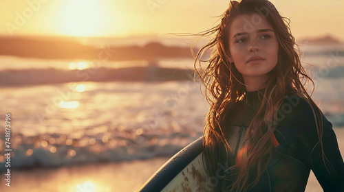 close-up of a beautiful young girl with long wavy hair in a wetsuit holding a surfboard against the background of a sunset on the sea. The look of a purposeful woman ready to conquer the waves © Irina Afanaseva