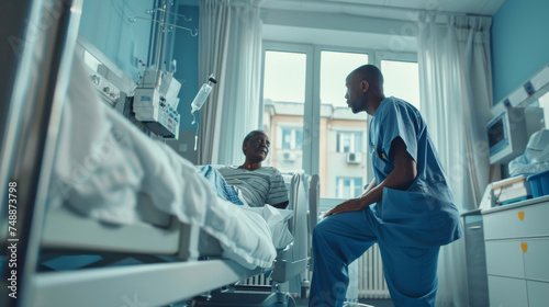 A compassionate healthcare professional in scrubs is seen comforting an ill patient lying in a hospital bed  providing care and support