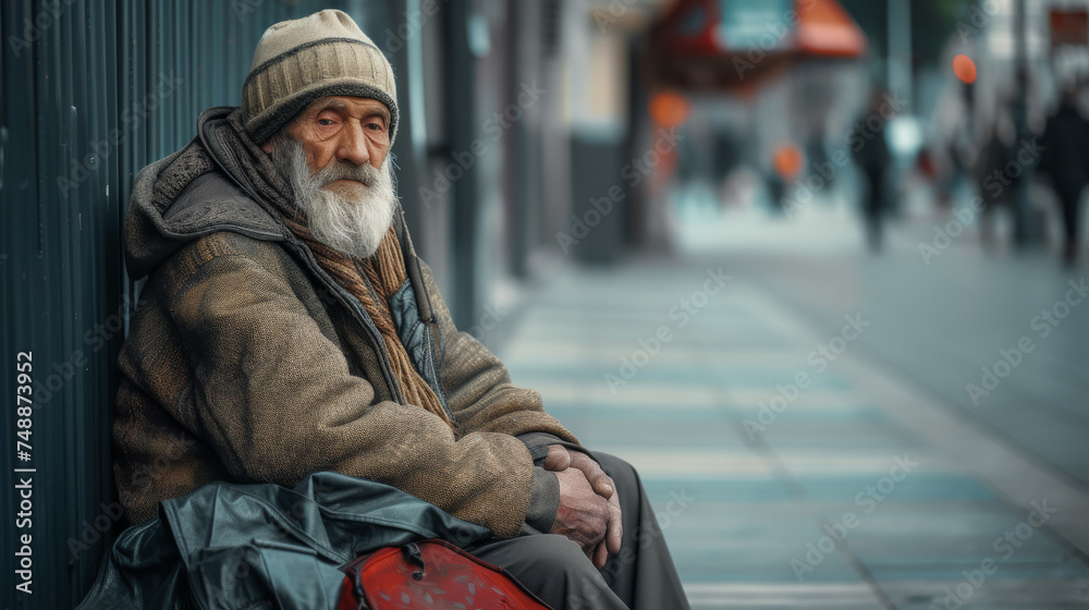A contemplative homeless man sits on the streets in winter attire, representing urban hardship
