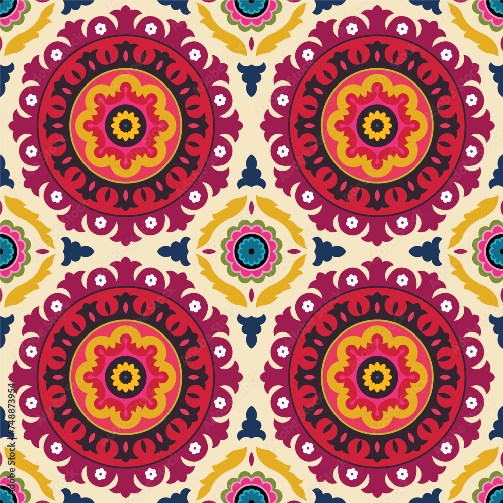 Geometrical mandala ajrakh rug design allover seamless repeat pattern digital textile design traditional cultural