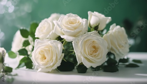 beautiful bouquet of bright white rose flowers  on table with green background