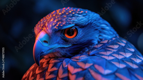 Head of electric blue predatory bird on dark background