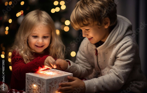 A portrait of children opening a gift box. Merry Christmas  happy New Year. Luxurious apartment with christmas lights and decorations. Miracle time.