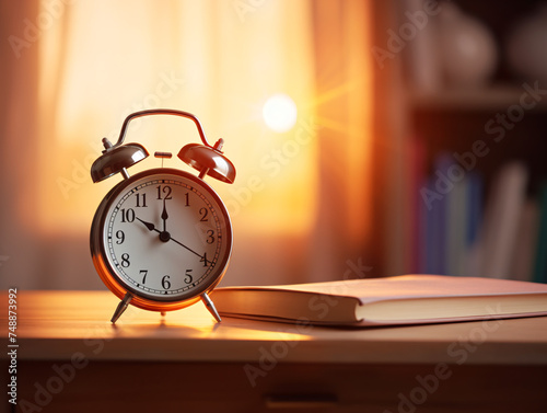 A vintage alarm clock sits on a wooden desk beside an open book, bathed in the warm glow of a sunset. Generative AI.