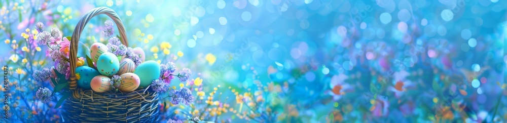 colorful easter background with eggs and flowers. easter basket with colorful eggs colorful easter background with eggs and flowers. easter basket with colorful eggs