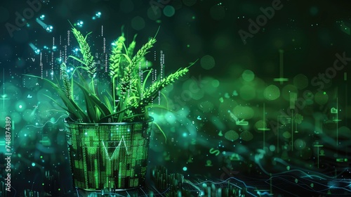 wheat bucket with big data visualization elements, in digitalization style in low contrast, green colors, 