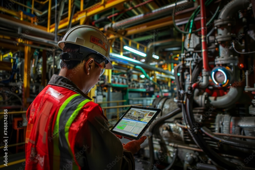 Worker with a tablet monitoring machinery in a factory.