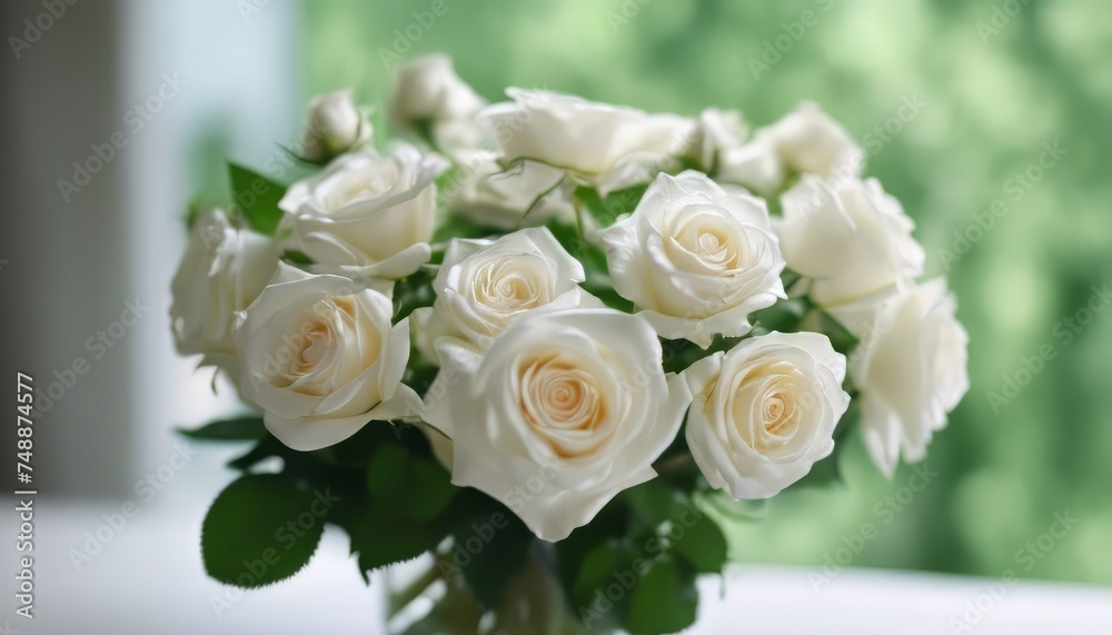 beautiful bouquet of bright white rose flowers, on table with green background