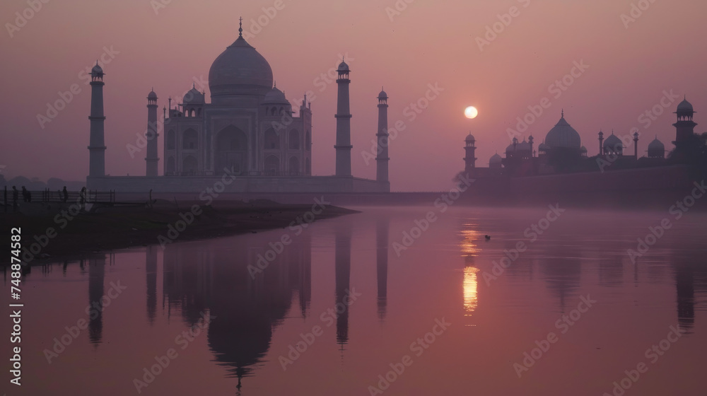 The majestic Taj Mahal of Agra stands solemn and impressive in a misty sunrise, reflecting gracefully upon the Yamuna River