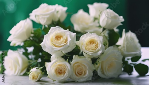 beautiful bouquet of bright white rose flowers  on table with green background