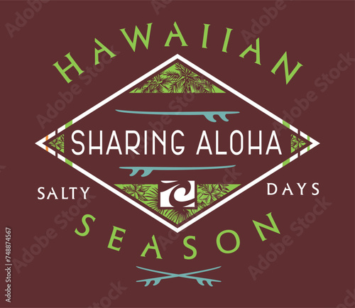 Vector emblem illustration, in surf wear style, art alluding to Hawaii. Editable design for printing on t-shirts, posters, etc.